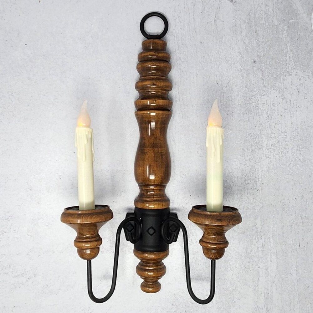 Vtg Home Interior Farmhouse Wood & Wrought Iron Wall Sconce Double Taper Candle